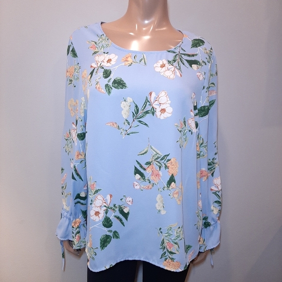 ROSE & THYME Floral Flare Tie Cuff Long Sleeve Blouse Keyhole Scoop Neck - Picture 10 of 12